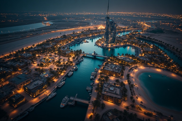 Yas Island Abu Dhabi aerial view with Ferrari World and Yas Marina Circuit